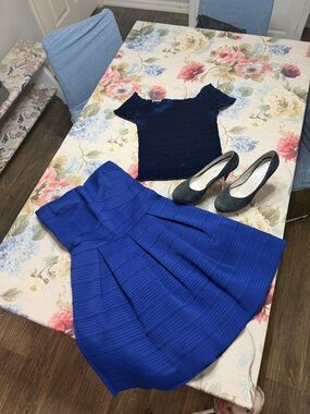 Knit Strapless Dress and Almost Famous Navy ruched top with blue suede shoes
